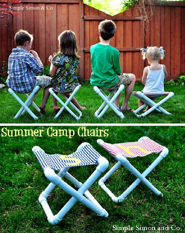 three children sitting in lawn chairs with the words summer camp chairs on them and an image of