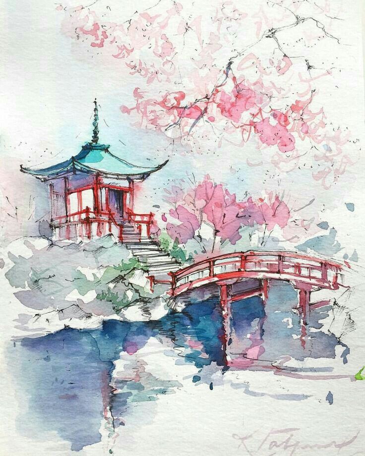 a watercolor painting of a bridge and flowers