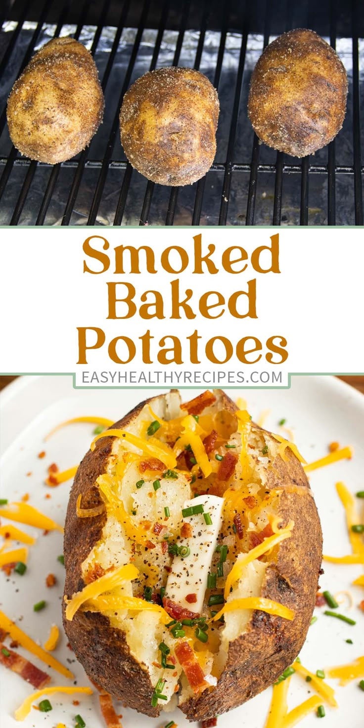 baked potatoes with cheese and other toppings are on a plate next to an oven