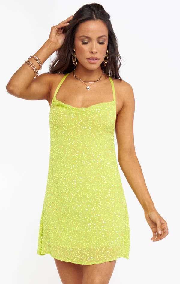 Steal the crowd in this showstopping neon yellow sequin slip dress. The cowl draped neck and criss cross straps are ultra flattering no matter where you are wearing her! Sequin Slip Dress, Mumu Dress, Tanya Taylor, Breezy Dress, Halter Mini Dress, Mini Slip Dress, Sequin Mini, Show Me Your Mumu, Model Fits