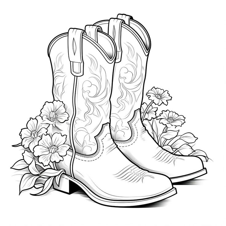 a cowboy boot with flowers on the ground coloring page for adults and children to color