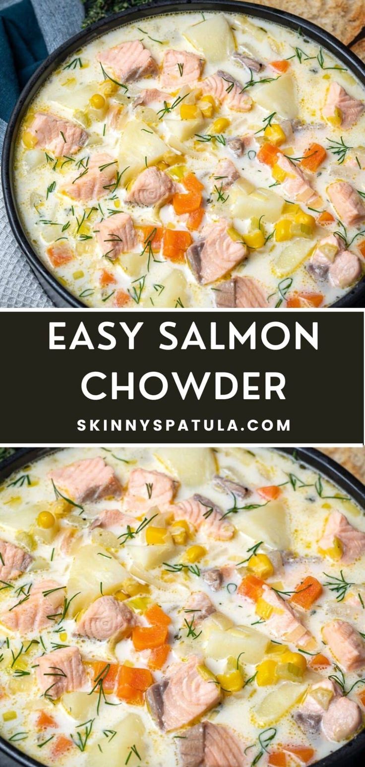 salmon chowder with potatoes and carrots in a skillet