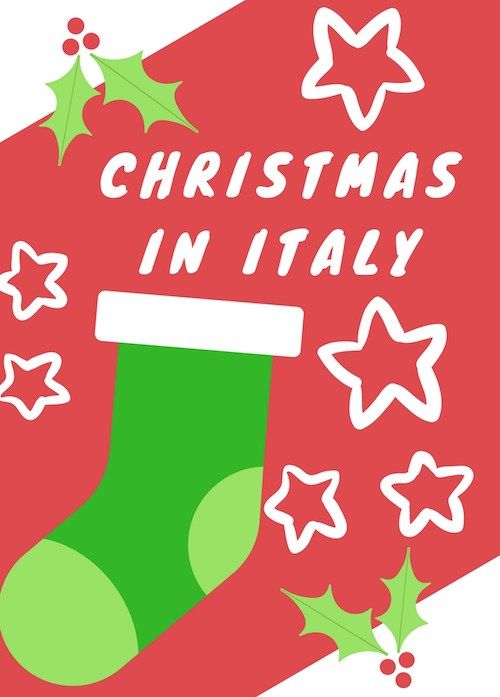 a christmas stocking with stars and holly on the bottom reads, christmas in italy