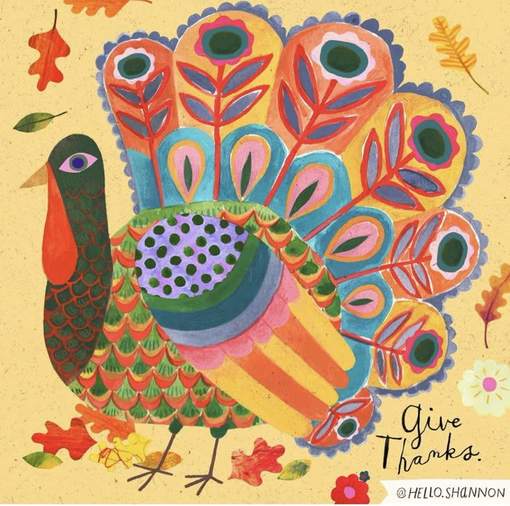 a painting of a turkey with leaves on it's head and the words give thanks