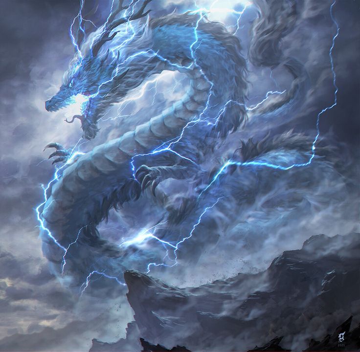 a blue dragon is in the middle of a storm with lightning coming from its back