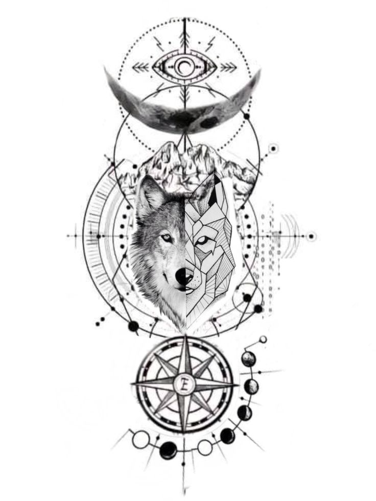 a drawing of a wolf with an eye on it's forehead and two birds flying above