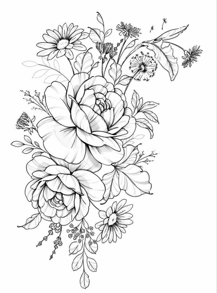 a black and white drawing of flowers