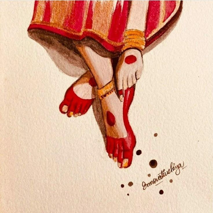 a drawing of a woman's feet in red and gold shoes with her foot on the ground