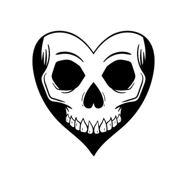 a black and white image of a skull in the shape of a heart