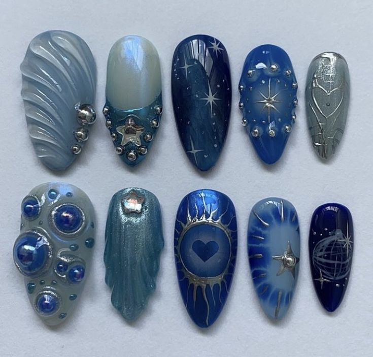 Pirate Inspired Nails, Dark Beach Nails, Virgo Inspired Nails, Water Nails Design, Blue Nail, Nails Polish, Kawaii Nails, Press Ons, Manicure Y Pedicure