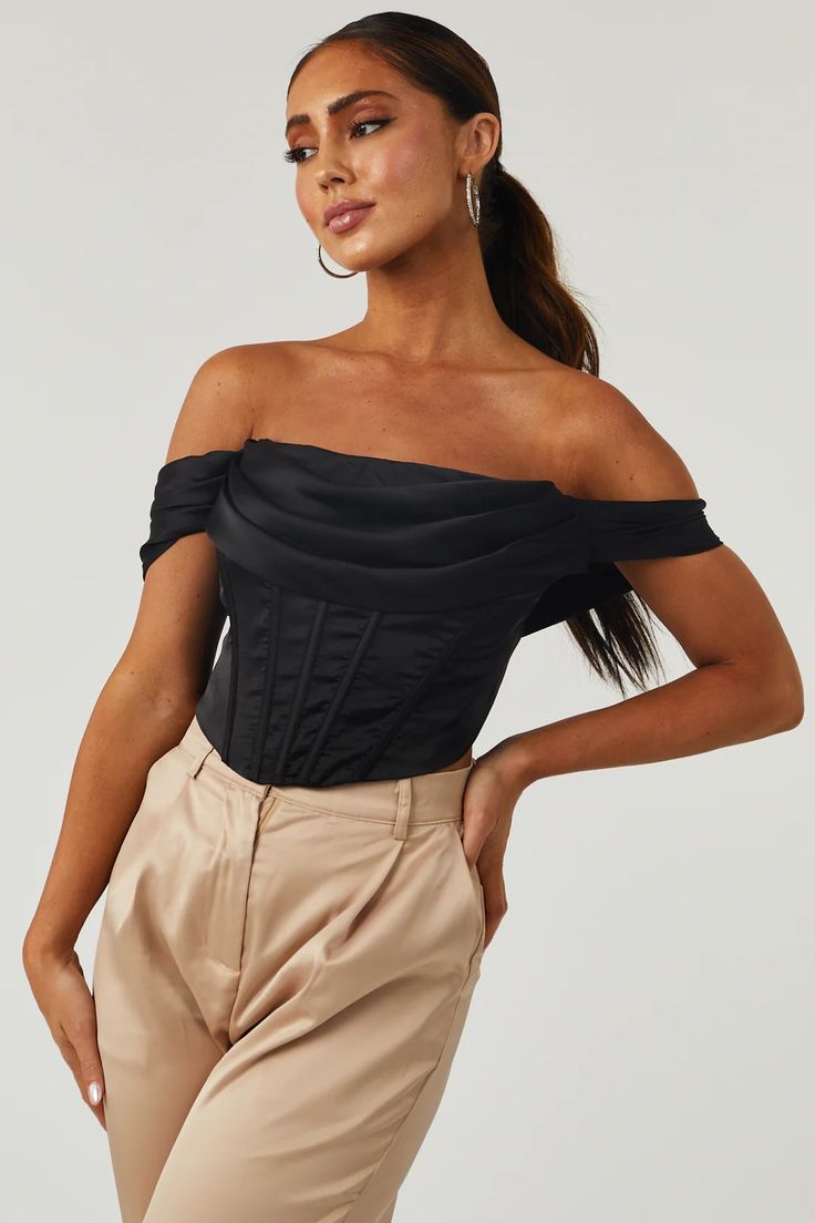 Black Ruched Off Shoulder Satin Corset Top | Lime Lush Corset Over Top, Taurus Fashion, Venus Taurus, Black Satin Corset, Faux Leather Outfits, Satin Corset Top, Clothing Aesthetic, Kimono Sweater, Satin Corset