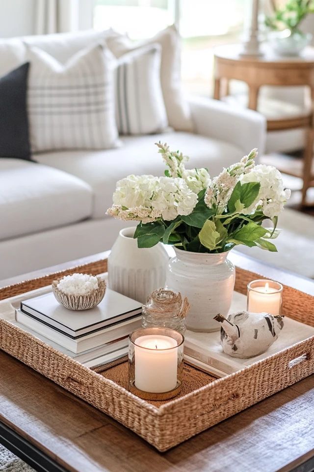 a tray with flowers and candles sitting on top of a table next to a couch