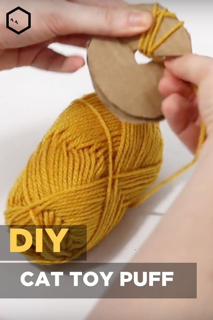 a person is holding a ball of yarn with a tag on it and the text, diy cat toy puff