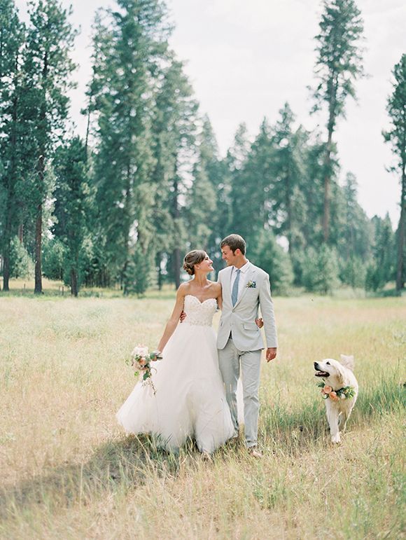 a bride and groom walking their dog through the grass in front of some pine trees