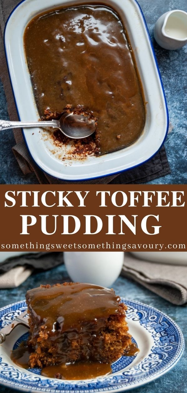 sticky toffe pudding on a blue and white plate