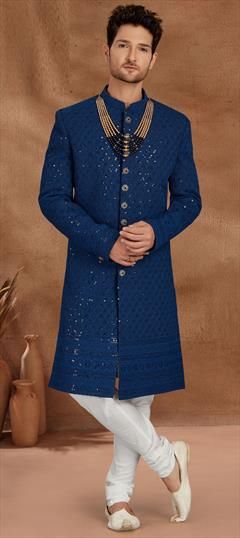 Blue color Sherwani in Georgette fabric with Embroidered, Sequence, Thread work Sequence Work, Georgette Fabric, Thread Work, Blue Color, Thread, Fabric, Blue, Color