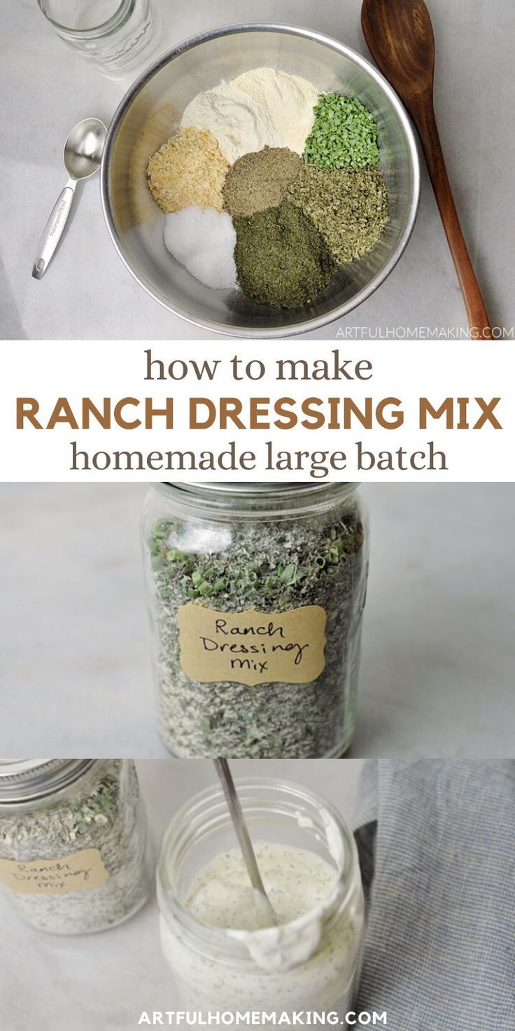 how to make ranch dressing mix with homemade large batch ingredients in mason jars and spoons