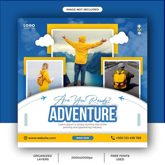 a blue and yellow flyer for an adventure