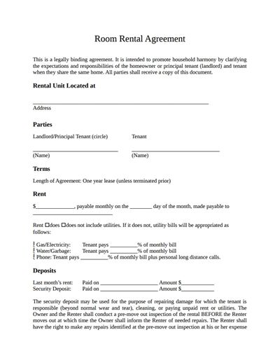 a room rental agreement is shown in this document