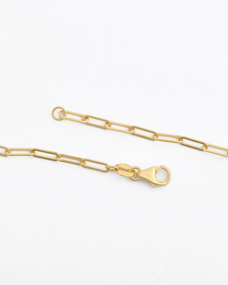 Join the paperclip party! This solid gold petite paperclip chain is a must-have for it's versatile style and wearability. This jewelry box staple layers brilliantly with all other chains, so start a stack and make sure this one is invited. Add any of our solid gold charms on the chain or hook into the clasp and wear it in the front for a unique look. Love a winning match? Pair with the Petite Paperclip Bracelet also in 14K Gold. Gold Paperclip Bracelet With Figaro Chain As Gift, Everyday Oval Link Paperclip Chain Necklace, Minimalist 14k Gold Paperclip Chain Necklace, Minimalist Gold Paperclip Chain Necklace, Cable Chain Bracelet For Everyday Use, Gold Paperclip Bracelet With Delicate Chain, Gold Paperclip Chain Necklace With Delicate Chain, Delicate Chain Paperclip Bracelet As Gift, Delicate Paperclip Chain Bracelet As Gift