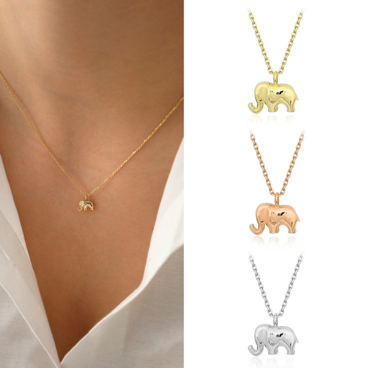 "Introducing the 14k Gold Elephant Necklace, a beautiful and timeless piece of jewelry that showcases the grace and strength of one of nature's most magnificent creatures. Made of high-quality 14k gold, this necklace is both durable and stylish, making it a perfect addition to any jewelry collection. The intricate design features a detailed elephant pendant that is sure to catch the eye and spark conversations. The elephant is a symbol of good luck, strength, and wisdom, making this necklace not Minimalist Clavicle Chain Necklace For Birthday, Minimalist Clavicle Chain Jewelry For Birthday Gift, Minimalist Clavicle Chain Jewelry As Birthday Gift, Minimalist Pendant Jewelry For Birthday, Minimalist Pendant Charm Necklace For Birthday, Minimalist Birthday Charm Necklace Pendant, Minimalist Nickel-free Jewelry For Birthday Gift, Elephant Necklace Gold, Jewelry Layering Necklace