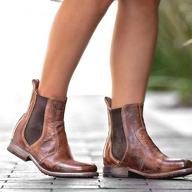 Women's Boots Cowboy Boots Chelsea Boots Plus Size Party Outdoor Work Booties Ankle Boots Flat Heel Round Toe Vacation Vintage Comfort Faux Leather Loafer Black Brown 2024 - $45.99 Comfortable Bra, Popular Boots, Ankle Heels, Faux Leather Heels, Chelsea Ankle Boots, Fringe Boots, Low Boots, Ankle Boots Flat, Cowboy Boots Women