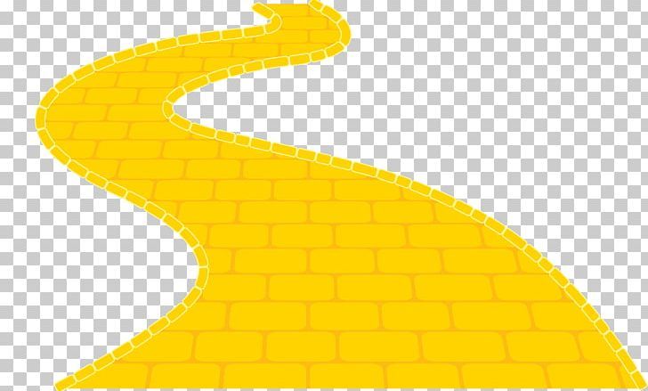 a yellow road going up the side of a brick wall, with an arrow pointing to it