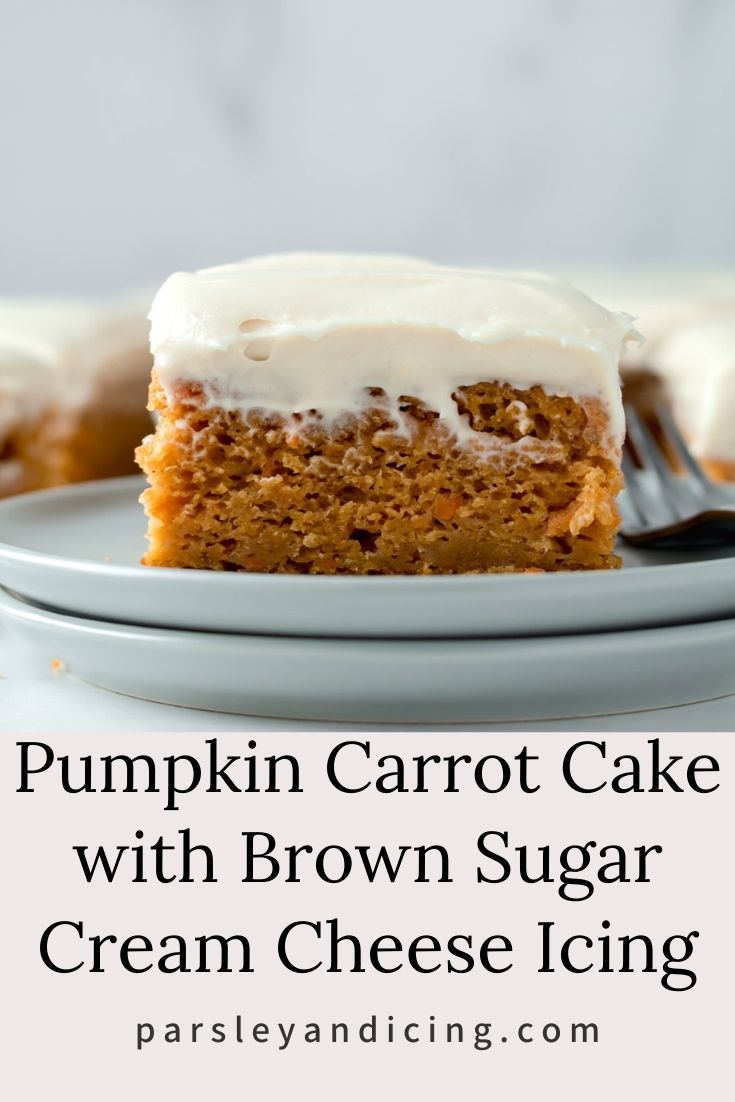 a slice of pumpkin carrot cake with brown sugar cream cheese icing on a plate