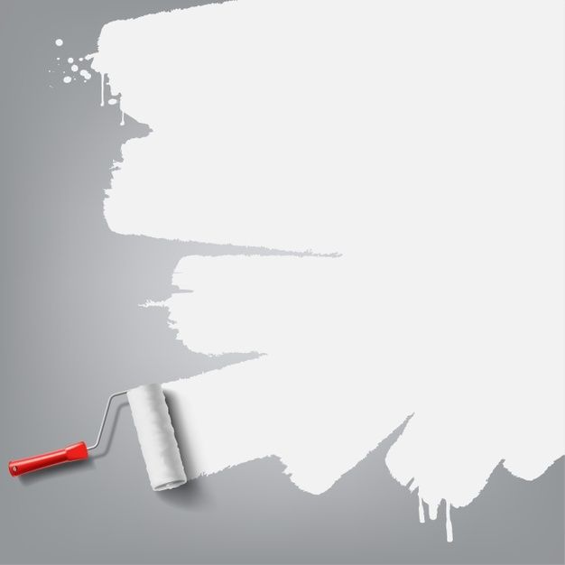 a white paint roller with a red handle on it next to a gray wall that has been painted