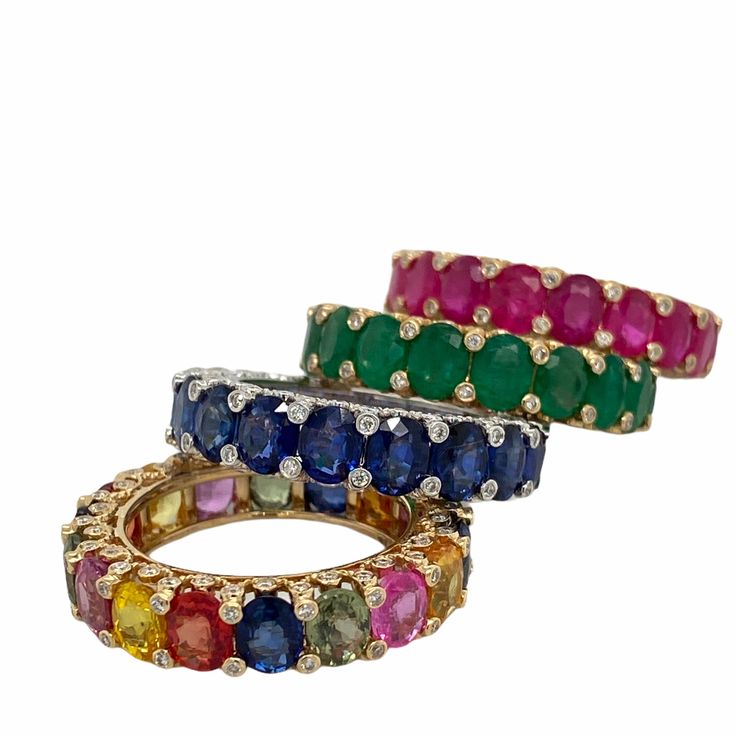 Gorgeous Eternity Bands crafted in high quality Solid 14K Gold or White Gold set with genuine Pave Set Diamonds and choice of Blue Sapphires, Multi Sapphires, Emeralds or Rubies. These Bands are custom made to order, we can make it with any gemstone combination per request. We make any combination in choice of 14 K White Gold, Yellow Gold or Rose Gold. Sizes listed are Size 6 or 7. Smaller and Larger sizes are available to be made upon request. For inquiries please message us. Rings are made to Luxury Multicolor Rings With Prong Setting, Oval Multicolor Diamond Gemstones, Luxury Stackable Sapphire Diamond Ring, Luxury Round Gemstone Eternity Band, Classic Multicolor Diamond Jewelry, Luxury Gemstone Eternity Band For Anniversary, Luxury Cubic Zirconia Rings With Stones, Luxury Multi-stone Yellow Gold Eternity Band, Luxury Yellow Gold Multi-stone Eternity Band