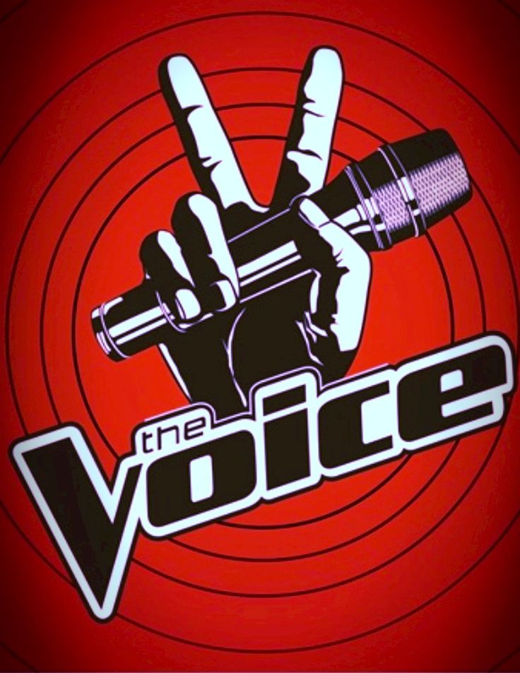 the voice logo on a red background with two fingers in the air and one hand holding a microphone