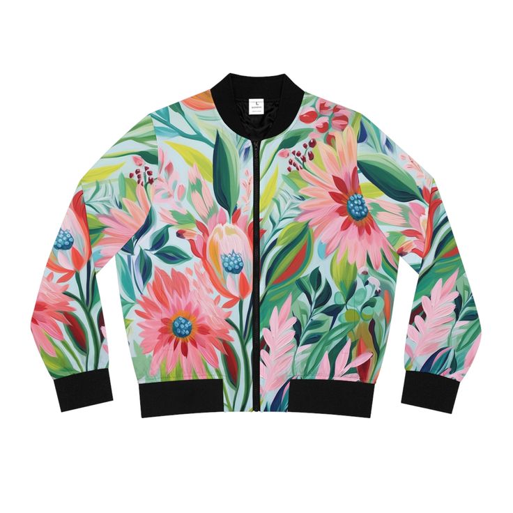 Step up your style game with this iconic bomber jacket with bold spring flowers - a true statement piece that's set to elevate your wardrobe. Boasting a stand-collar design and ribbed cuffs, collar, and hem, this jacket isn't just stylish, it's built to last. Crafted from 100% polyester, it offers both durability and comfort in equal measure. With its regular fit and sleek black lining, collar, cuffs, and hem, this bomber jacket exudes effortless cool. Complete with a copper zipper closure, it's the epitome of contemporary chic. Ready to make a statement? Slip into this bomber and own your style like never before. Spring Floral Print Outerwear With Stand Collar, Spring Outerwear With Ribbed Cuffs, Spring Streetwear Track Jacket With Graphic Print, Graphic Print Track Jacket For Spring Streetwear, Trendy Floral Print Outerwear For Spring, Trendy Floral Print Spring Outerwear, Spring Floral Print Streetwear Outerwear, Trendy Spring Track Jacket With Ribbed Cuffs, Trendy Track Jacket With Ribbed Cuffs For Spring