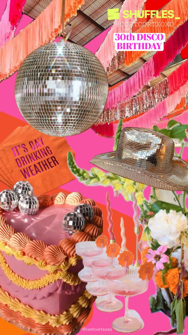 an advertisement for a disco themed birthday party with cake and decorations on the ceiling, hanging from rafters