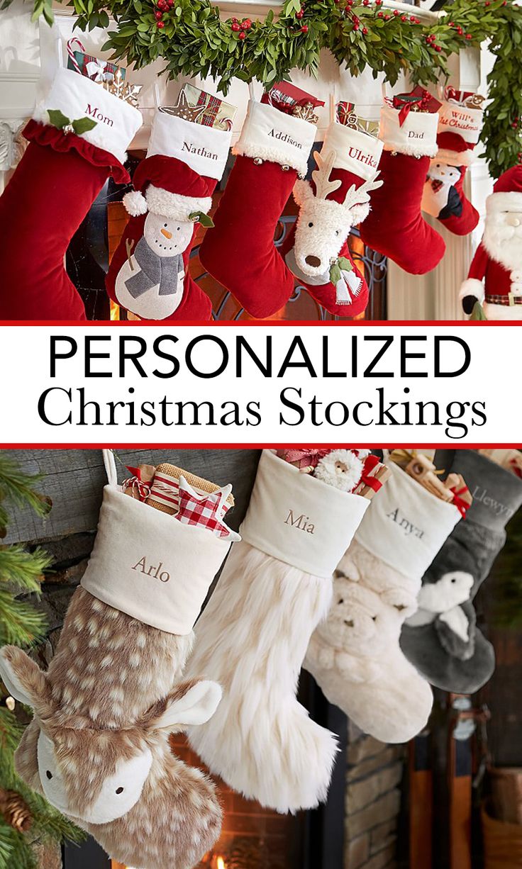 personalized christmas stockings hanging from a mantel in front of a fireplace with the words, personalized christmas stockings hanging from a mantel