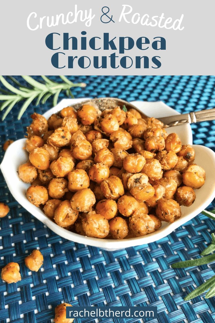 crunchy and roasted chickpea croutons in a white bowl on a blue table