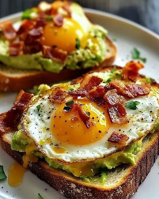 two pieces of toast with an egg and bacon on top, sitting on a white plate