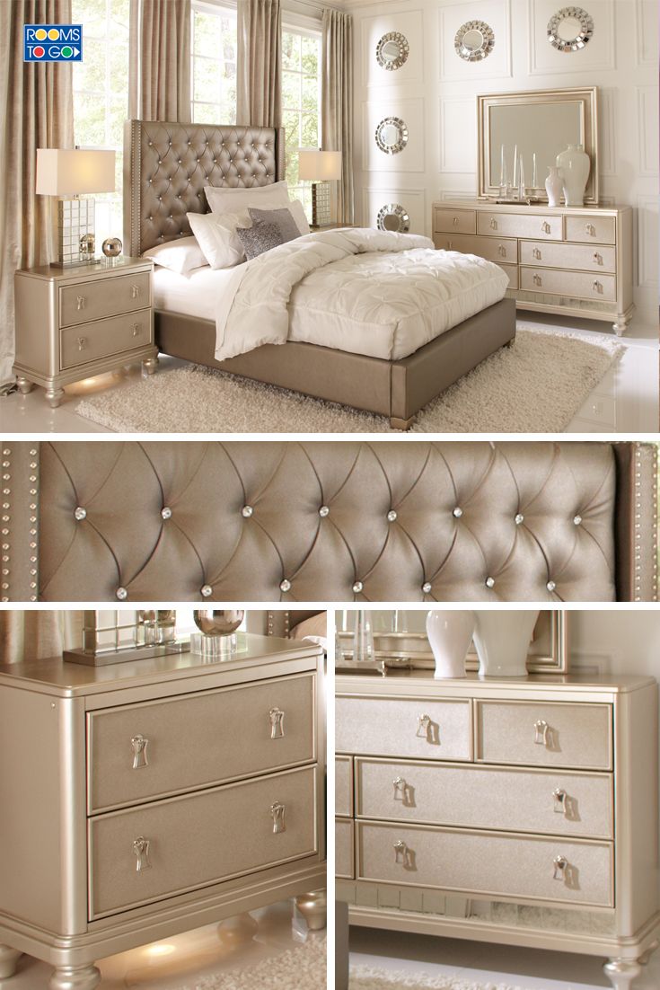 three different pictures of a bedroom with white furniture and gold accents on the bed, dressers