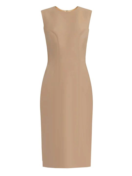 Krew High Quality Tan Sheath Dress – Caeli Couture Classic Sleeveless Midi Dress With Flattering Silhouette, Elegant Midi Dress With Straight Neckline And Lining, Elegant Midi Dress With Lined Straight Neckline, Elegant Midi Dress With Straight Neckline, Classic Fitted Sleeveless Dress With Flattering Silhouette, Classic Sleeveless Beige Midi Dress, Classic Sleeveless Bodycon Midi Dress, Classic Beige Sleeveless Dress, Classic Fitted Sleeveless Midi Dress