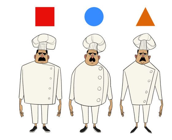 three chefs are standing next to each other in front of an orange and blue circle