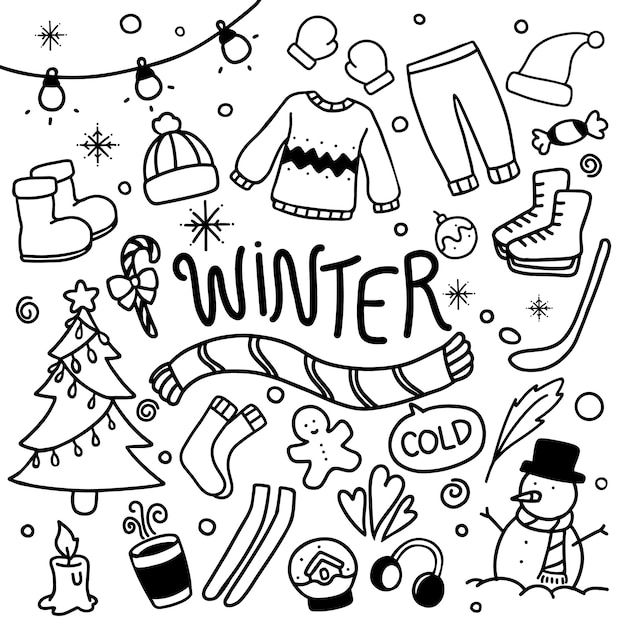 the word winter surrounded by hand drawn doodles and christmas related items in black and white