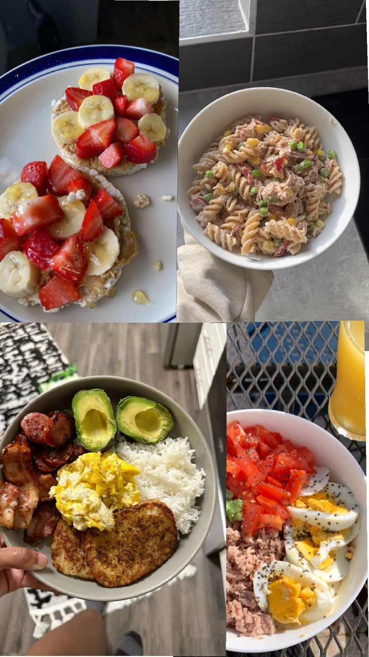 there are pictures of different foods and drinks on the table, including eggs, strawberries, avocado