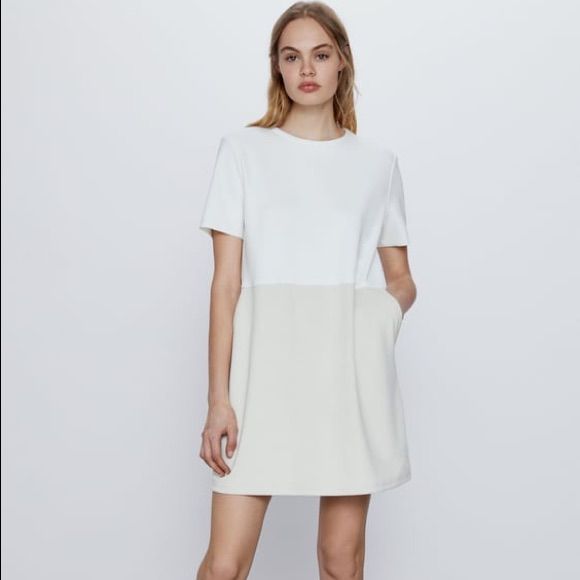 Zara | Faux Suede Dress. Brand New With Tags Cream Short Sleeve Mini Dress For Work, White A-line Short Sleeve Dress For Spring, Spring Workwear Short Sleeve Mini Dress, Spring Mini Length Short Sleeve Work Dress, Spring Mini Length Short Sleeve Dress For Work, White Short Sleeve Dress For Spring, Shift A-line Mini Dress For Daywear, White Mini Dress For Work, Chic White Midi Dress For Spring