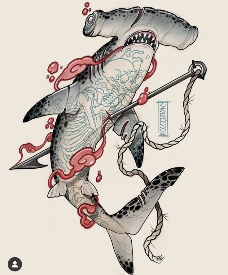 a drawing of a shark with blood on it's body and an arrow in its mouth