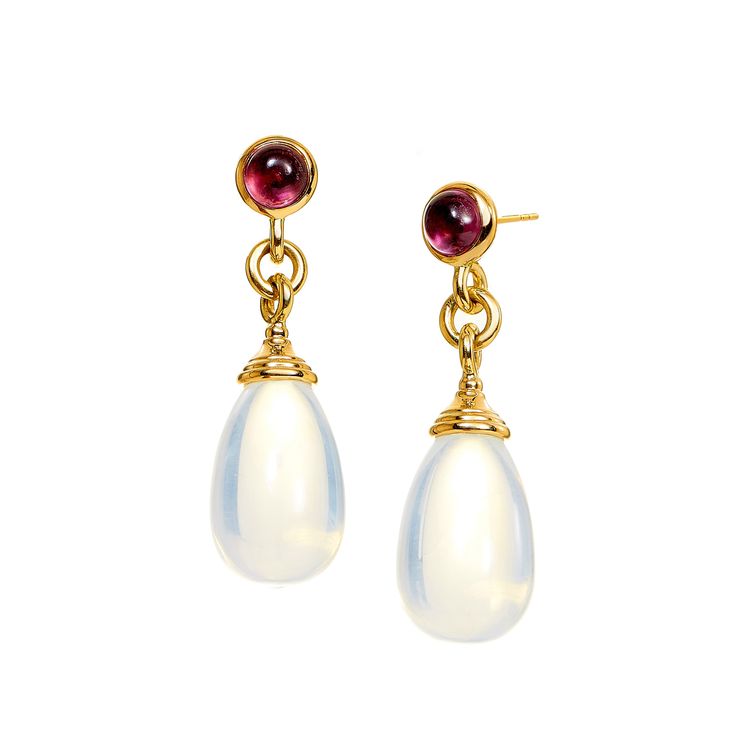 18 karat yellow gold Gemstone 50 carats approx. Rubellite 2.50 carats approx. Post backs for pierced ears Moon Quartz, Quartz Gemstones, Gemstone Drop Earrings, Yellow Quartz, Yellow Gold Earrings, Gold Moon, Pink Gemstones, Yellow Gold Earring, Tourmaline Gemstone