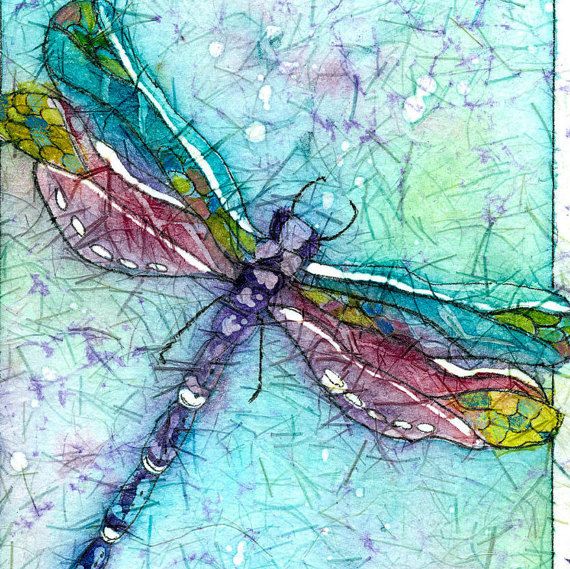 a colorful dragonfly sitting on top of a purple and blue background with watercolors