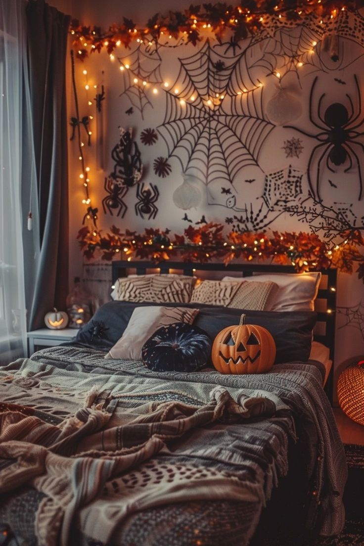 a bedroom decorated for halloween with pumpkins and spider web decorations on the wall above the bed