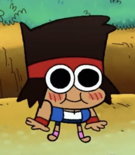 a cartoon character with big eyes and a bandana on his head is standing in the dirt