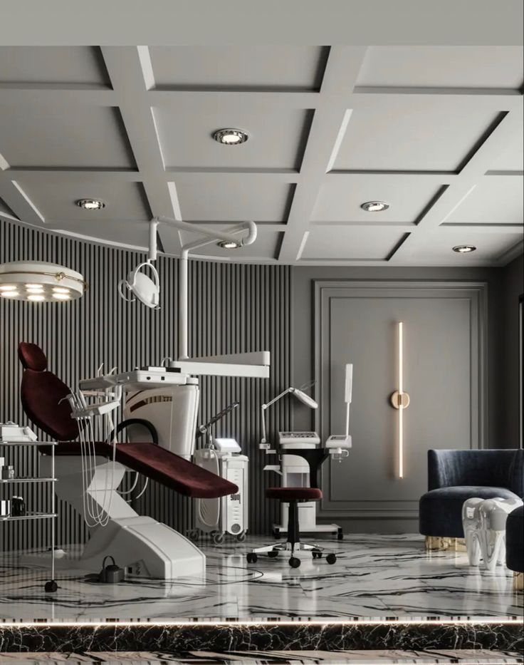 a dentist's office with chairs and lights