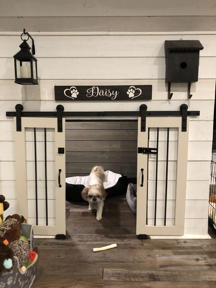 a dog is standing in front of the door to his house that says, baby