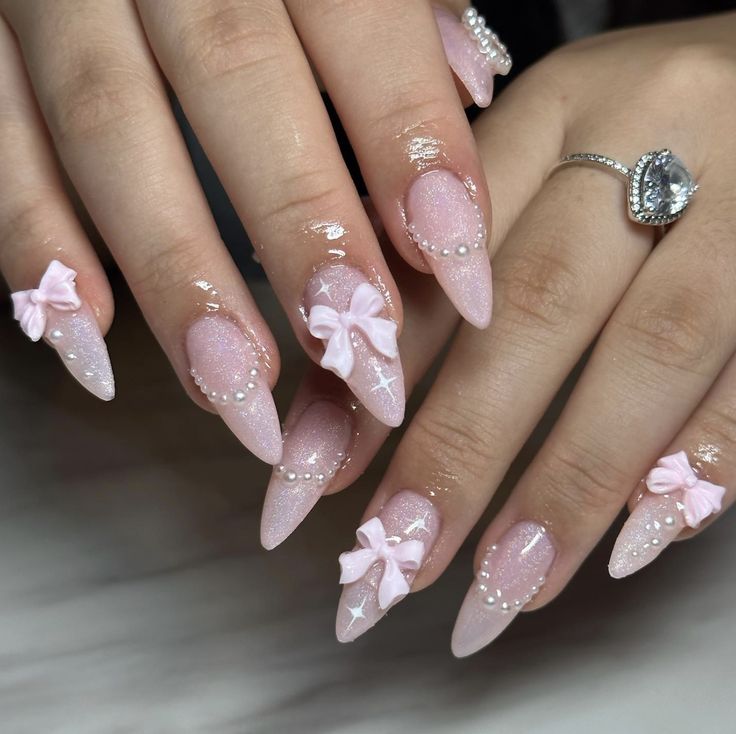 Bow Nail Designs, Princess Nails, Girly Acrylic Nails, Almond Nails Designs, Really Cute Nails, Pearl Nails, Soft Nails, Pink Acrylic Nails, Girls Nails